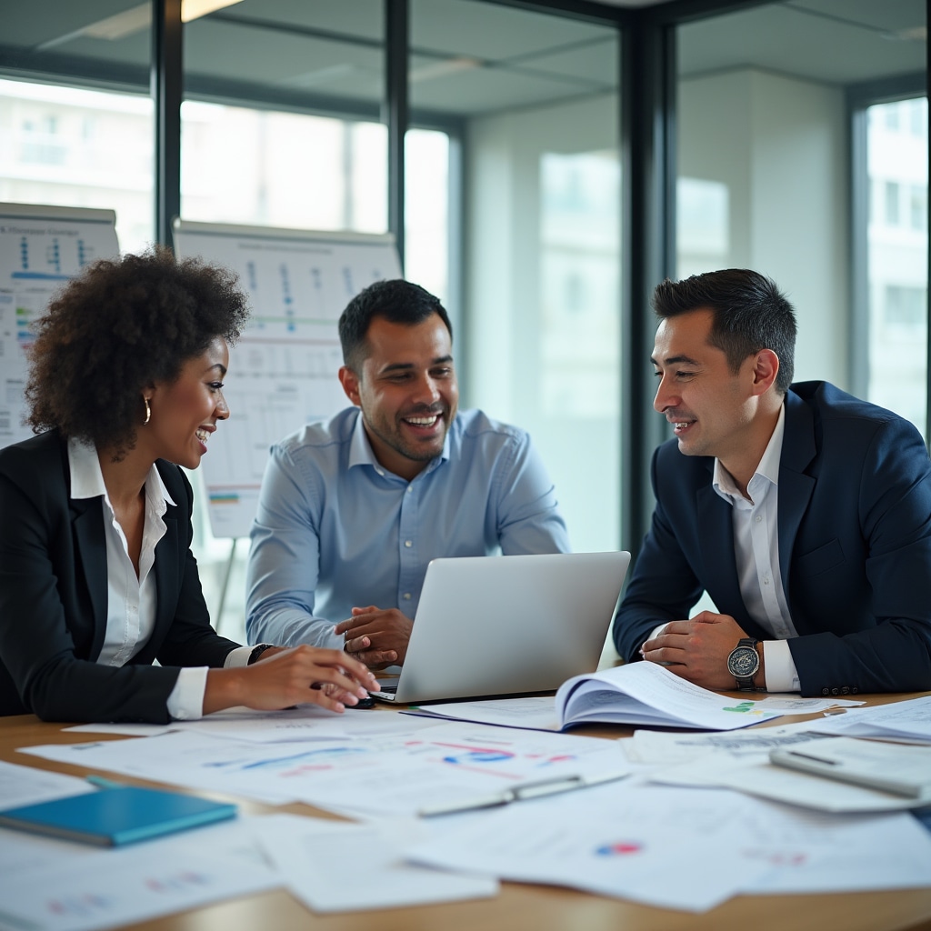 Document management team collaborating on archival project